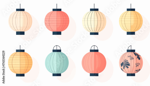 A collection of eight colorful, round paper lanterns, some plain and others decorated with floral patterns, suspended against a white background.