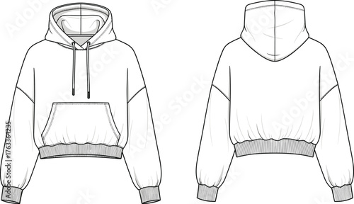 cad drawing flat vector illustration, cropped hoodie sweatshirt technical sketch, fashion design template, front and back view, casual streetwear mockup