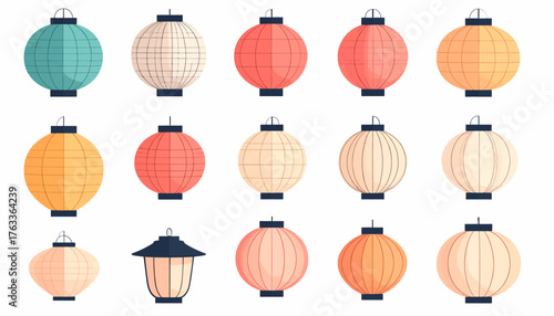 A collection of colorful illustrated Asian paper lanterns with various shapes, patterns, and designs on a white background.