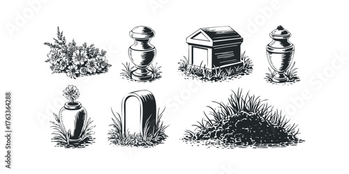 Cemetery scene elements with gravestone, urns, and flowers