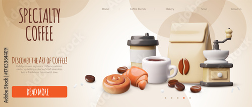 Specialty Coffee shop vector 3D landing page, coffee cup, paper bag, coffee grinder and sweet bakery takeaway products