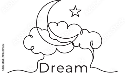 Whimsical moon and star illustration with fluffy clouds and the word "Dream" evoking peaceful sleep and imagination.