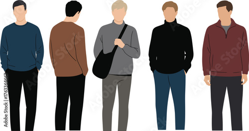 Casual fashion illustration, male outfits, flat design, modern clothing, character style, minimal features, black hair, urban wear, standing pose, outfit variety