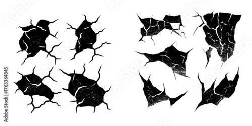 Realistic cracks on a dry paint surface are showcased on a transparent background in this modern illustration of worn and damaged textures, reminiscent of old buildings and abstract coatings