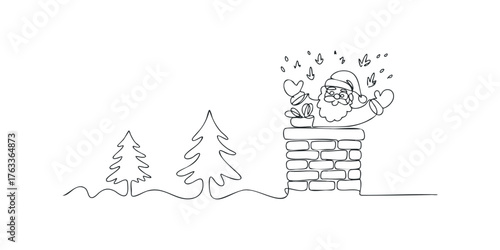 Santa Claus emerging from chimney with gift