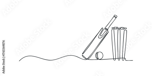 Cricket bat and ball with wickets drawing