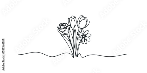 Single line drawing of a bouquet of flowers