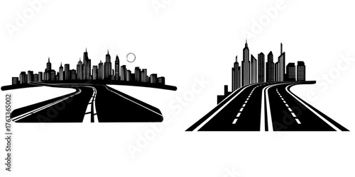 A cartoon background depicting a road to the city street at sunset, complete with a highway cityscape, buildings, and skyscrapers on the skyline