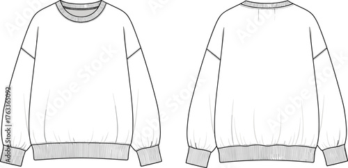 Crewneck sweatshirt front and back flat sketch, oversized pullover technical CAD drawing, fashion apparel vector illustration for clothing design template
