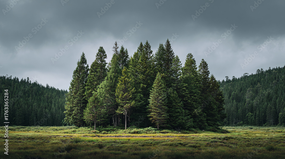 Fototapeta premium Tranquil nature scene featuring a verdant forest under a cloudy sky, blending serenity with the raw beauty of untouched wilderness.
