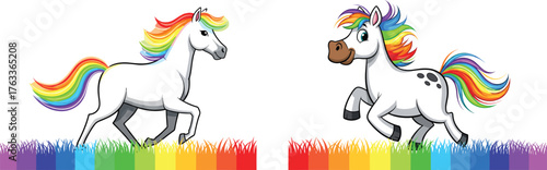 Cartoon unicorns vector illustration, rainbow mane and tail, whimsical fantasy artwork, colorful children’s design, creative magical animal graphic   