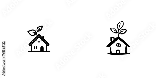 The logotype of an eco-friendly home is represented by an abstract silhouette logo that incorporates a house and a green plant, symbolizing sustainable energy and environmentally friendly living in a