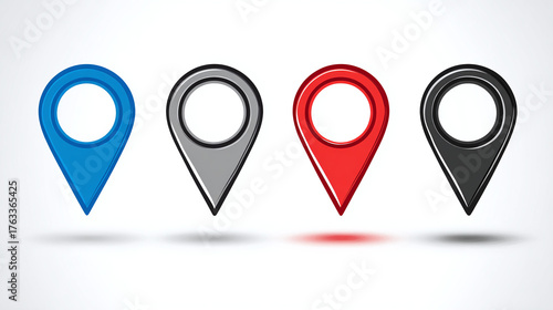 Free Download A set of four location icons in blue, gray, red, and black, representing navigation, direction, and place, isolated on a white backdrop. - GFXLoad