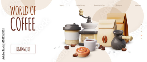 World of Coffee shop landing page advertising 3D vector design, cup with coffee, coffee grinder, turk and bakery product