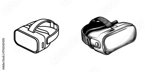 A black fill icon of a Virtual Reality Headset is depicted in a modern illustration with a side view in a trendy style, offering editable graphic resources for various uses