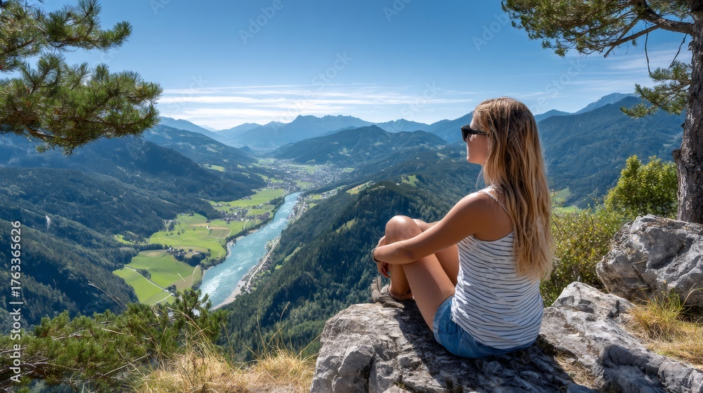 Naklejka premium Woman enjoying breathtaking mountain valley river view