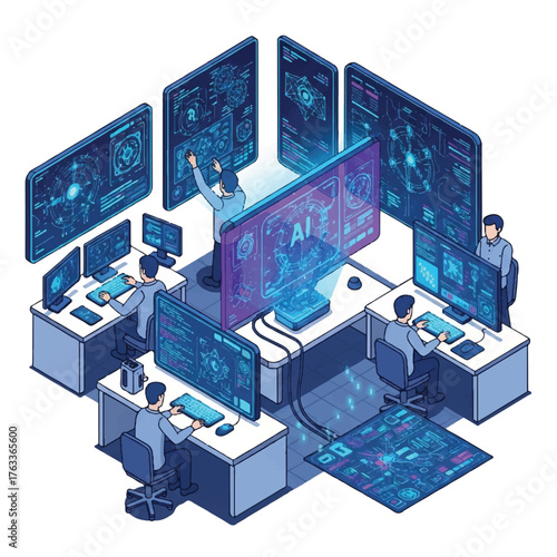 Isometric illustration of four people working at computer desks surrounded by multiple screens with data visualizations and AI interface in a modern office setting with blue tones.