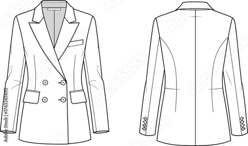 cad drawing flat vector illustration, double breasted blazer technical sketch, front and back view, fashion design template, formal women’s jacket mockup