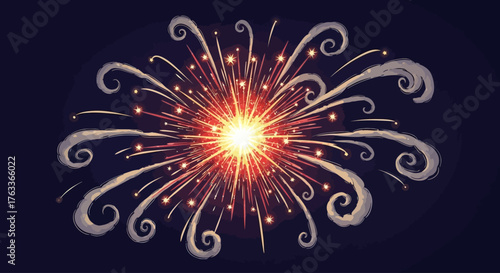 A vibrant digital illustration depicting a stylized firework rocket exploding with dynamic starbursts against a dark sky, perfect for celebrating festive occasions. 