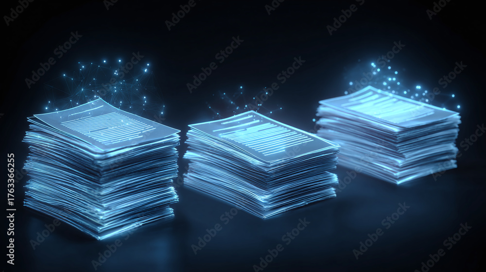 Fototapeta premium Digital documents stacks interconnected by a glowing network, highlighting data sharing and connectivity in modern information management systems.