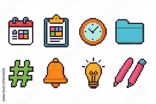 Office productivity pixel icon set. Calendar, clock, folder, light in pixel art