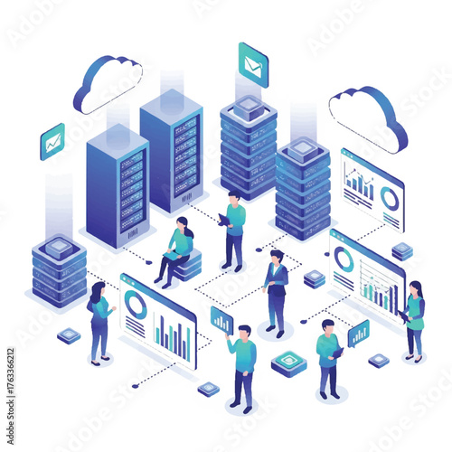 Isometric illustration of people working with servers, computers, and data visualizations in a modern office setting with a professional and technological mood.