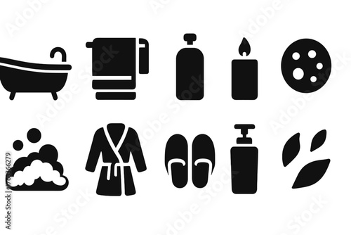 Bathroom essentials solid icon set. Bath, hygiene, grooming essentials solid collection