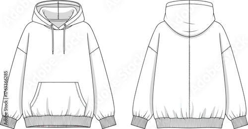 cad drawing flat vector illustration, hoodie fashion technical sketch, pullover sweatshirt front back view, unisex casual apparel design template