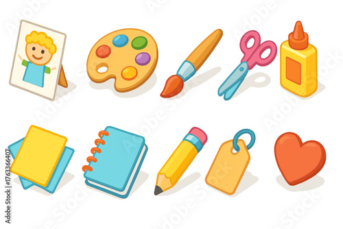 Art and craft flat icon set. Creative tools and crafting essentials icons collection