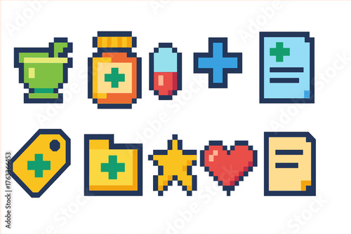 Health and medicine pixel icon set. Pharmacy, healthcare icons in pixel art style