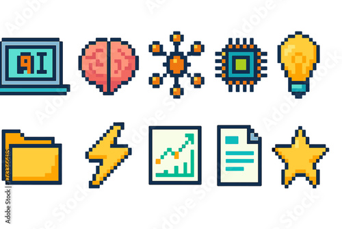Technology, ai, science pixel icon set. Digital innovation, tech symbols in pixel art style