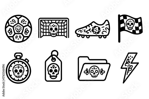 Day of the dead, soccer line icon set. Football, dia de los muertos outline icons