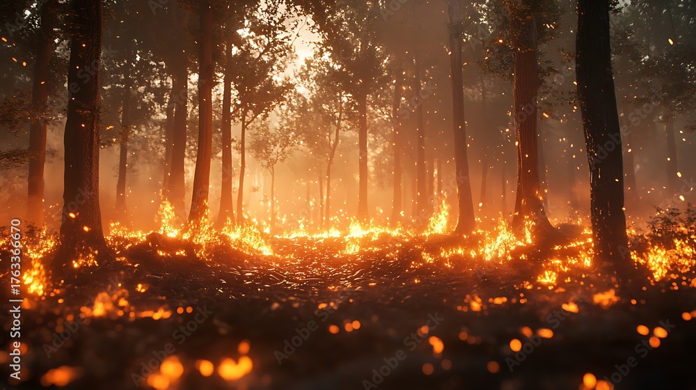 Naklejka premium A forest fire raging through a dense woodland, capturing the threat of climate change-induced wildfires