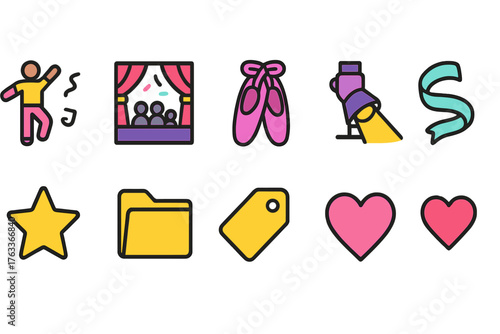 Performing arts flat icon set. Theater, dance, music flat icons collection.