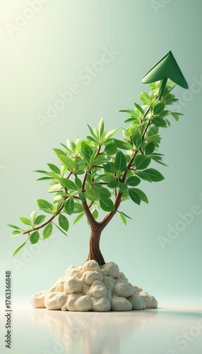 A green tree as a symbol of profit and growth growing with an upward arrow at the base of a rock in soft light 