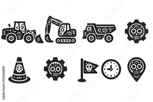 Construction and skull silhouette icon set with dia de los muertos theme