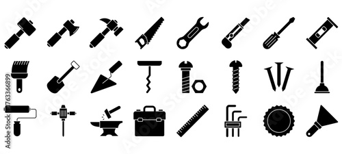 Minimalist Tools line icons set with editable stroke, featuring mallet, ax, hammer, hand saw, wrench, washer, tool box, cutter, bolt, screw, pencil, chainsaw, level, nails. thin linear illustration.