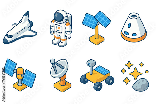 Space exploration icon set. Astronomy, space travel icons in 3d style collection