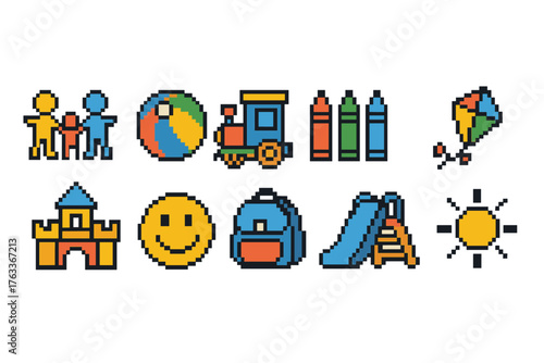 “Playful kids activities icon set. Fun, toys, and games in pixel art style”