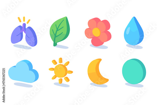 Nature and weather flat icon set. Plants, clouds, sun, water, elements collection