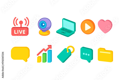 Communication and media flat icon set. Messaging, social media, and live streaming icons