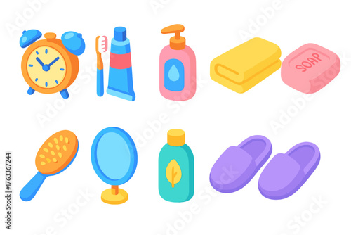 Bathroom essentials flat icon set. Personal care, hygiene, grooming icons collection