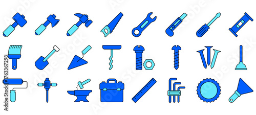 Minimalist Tools line icons set with editable stroke, featuring mallet, ax, hammer, hand saw, wrench, washer, tool box, cutter, bolt, screw, pencil, chainsaw, level, nails. thin linear illustration.