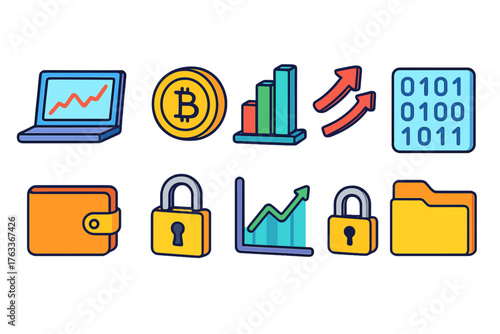 Finance and cryptocurrency flat icon set. Wallet, lock, graph, bitcoin displayed