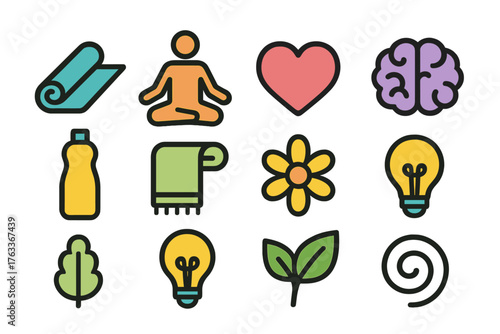 Wellness, meditation, yoga flat icon set. Health and mindfulness icons flat collection