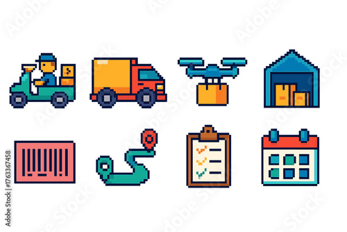 Delivery processes flat icon set. Logistics, transport, and shipping icons collection
