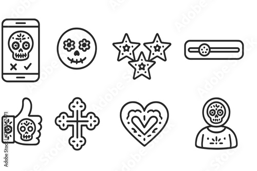 Day of the dead outline icon set. Dia de los muertos, sugar skulls, mexican symbols