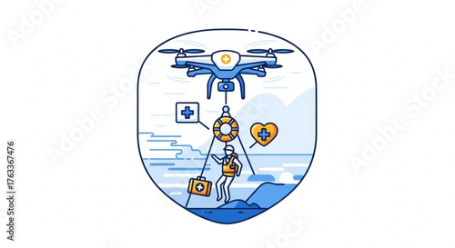 Drone rescue unmanned aerial vehicle providing emergency assistance and saving lives in a disaster situation concept
