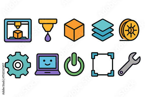 3D printing, technology flat icon set. Additive manufacturing symbols collection.