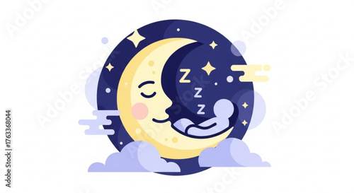 Cute sleeping moon a man sleeps on the moon among the stars and clouds vector illustration in cartoon style